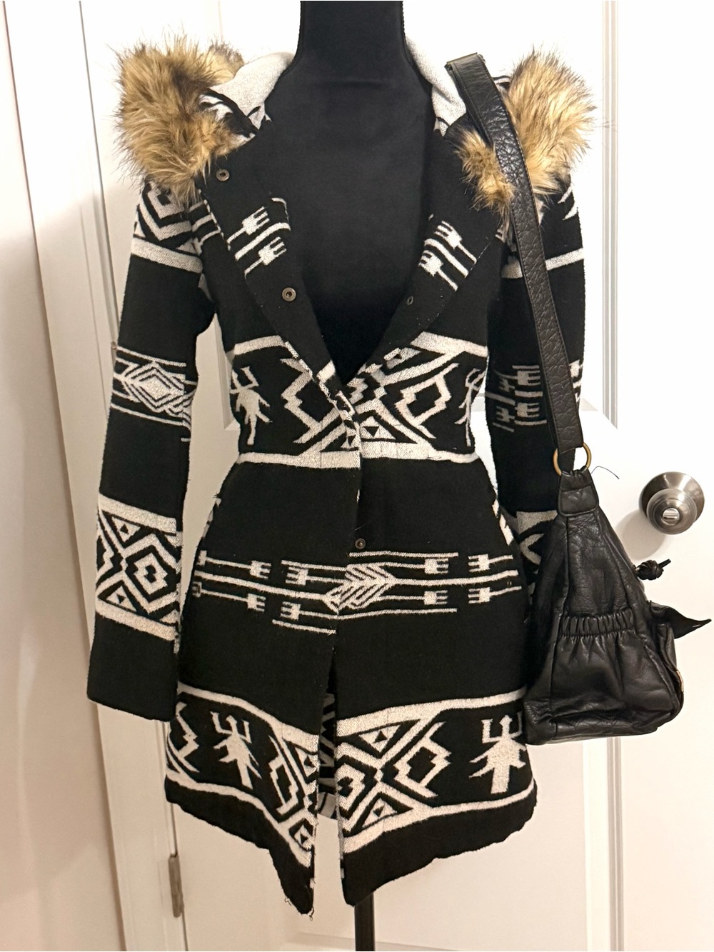 BB Dakota Aztec Print Hooded Coat Faux Fur Trim XS